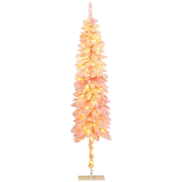 HOMCOM 6 ft. Tall Pencil Prelit Artificial Christmas Tree with 703 Snow Flocked Branches, 170 Warm White LED Lights, Pink