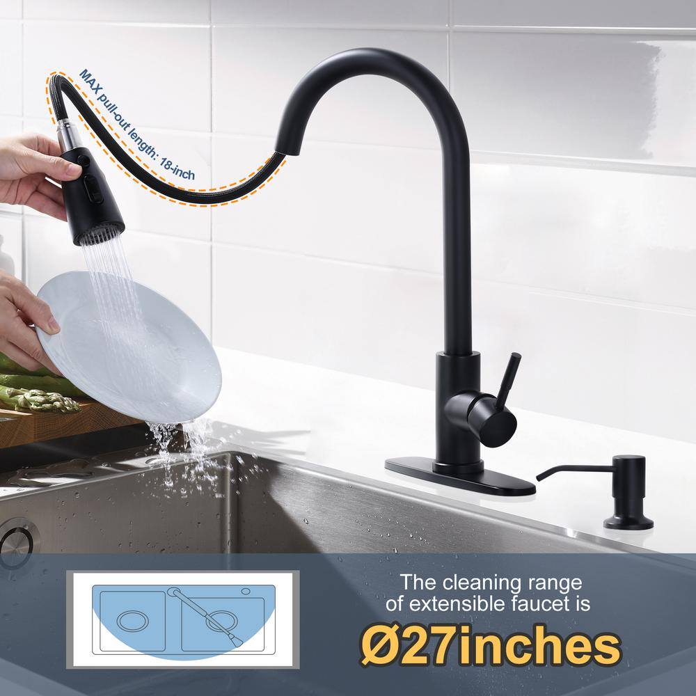Matte Black Single Handle High-Arc Kitchen Faucet with Soap Dispenser
