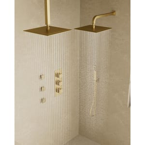 Thermostatic Valve 8-Spray 12 x 12 in. Dual Wall Mount and Handheld Shower Head with 3-Jets in Brushed Gold