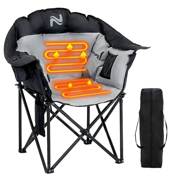 Oversized Heated Camping Chair, Padded Outdoor Folding Heated Chair with Side Pocket Grey Black Chair with Metal Frame