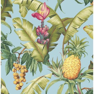 30.75 sq. ft. Sky Blue Pineapple Floral Vinyl Peel and Stick Wallpaper Roll