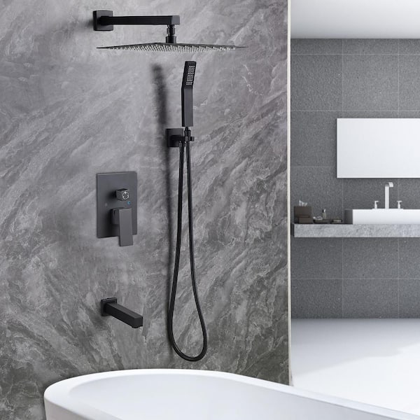 Rainfall 1-Spray Square 12 in. Tub and Shower Faucet with Hand Shower in Black (Valve Included)