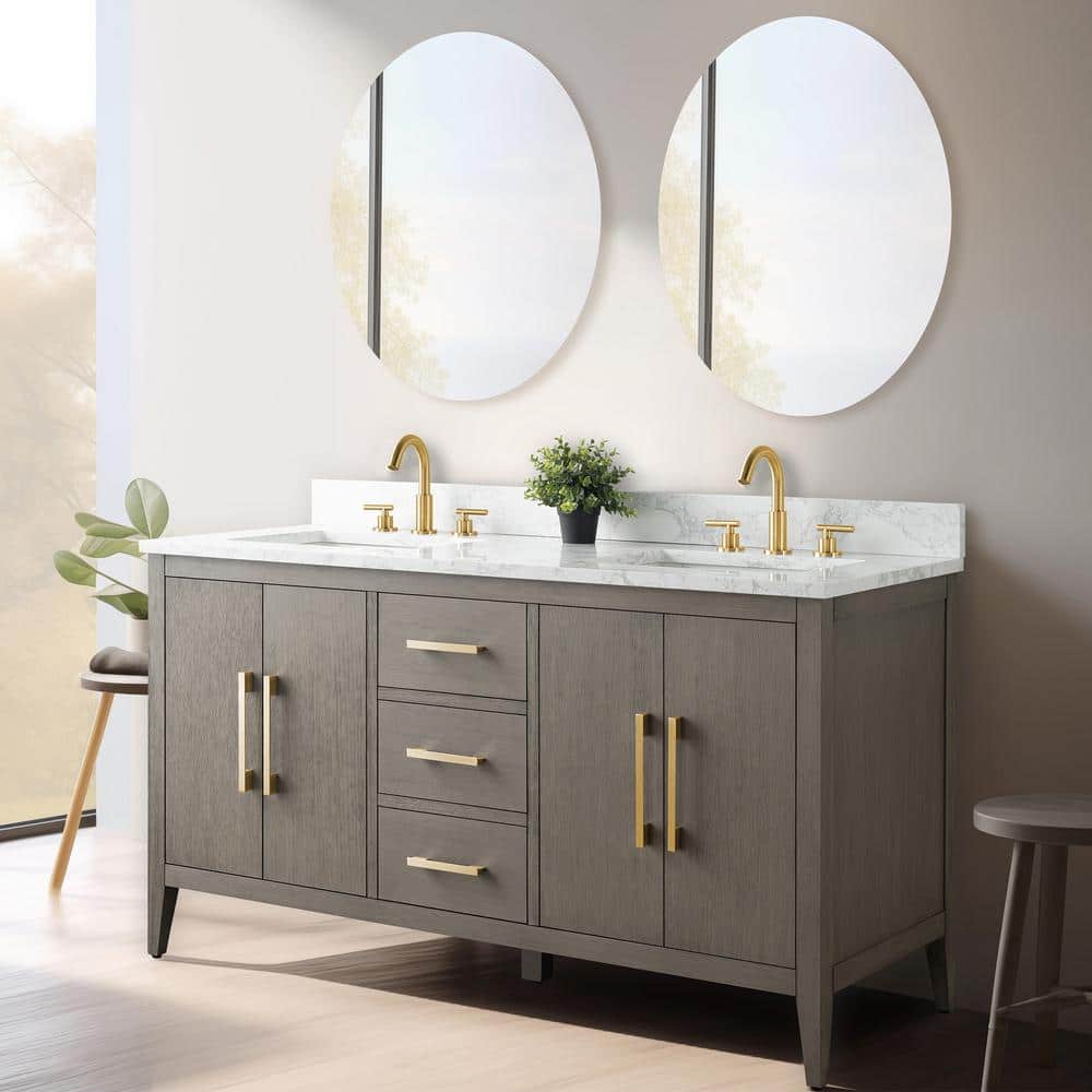 60" Driftwood Gray Double Sink Bathroom Vanity with Marble Countertop