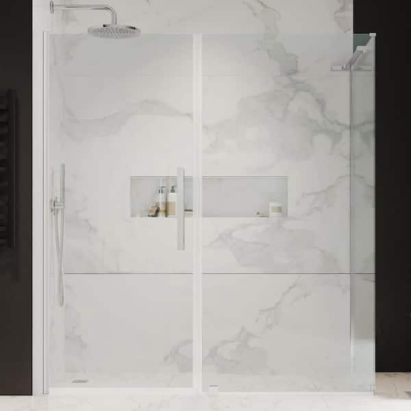 OVE Decors Pasadena 65-3/8 in. W x 72 in. H Rectangular Pivot Frameless Corner Shower Enclosure in Satin Nickel