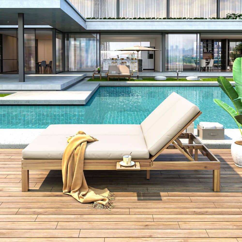 Light Teak Wood Outdoor Day Bed with Beige Cushions for 2 Person