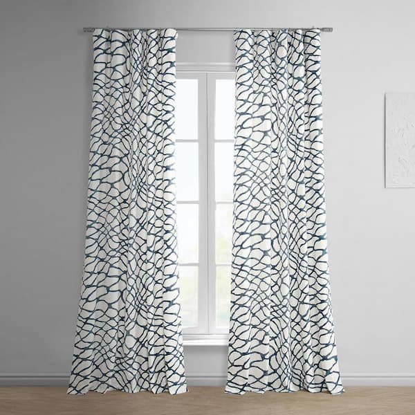 Ellis Blue Printed Room Darkening Curtain - 50 in. W x 96 in. L Rod Pocket with Back Tab Single Window Panel