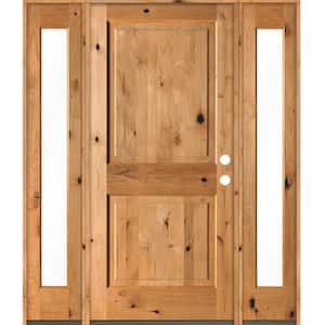 70 in. x 80 in. Rustic Knotty Alder Left-Hand/Inswing Clear Glass Clear Stain Square Top Wood Prehung Front Door