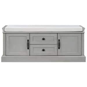 Gray Wash Pine wood frame and legs MDF panels Shoe Storage Bench with Removable Cushion 2-Drawers and 2-Cabinets