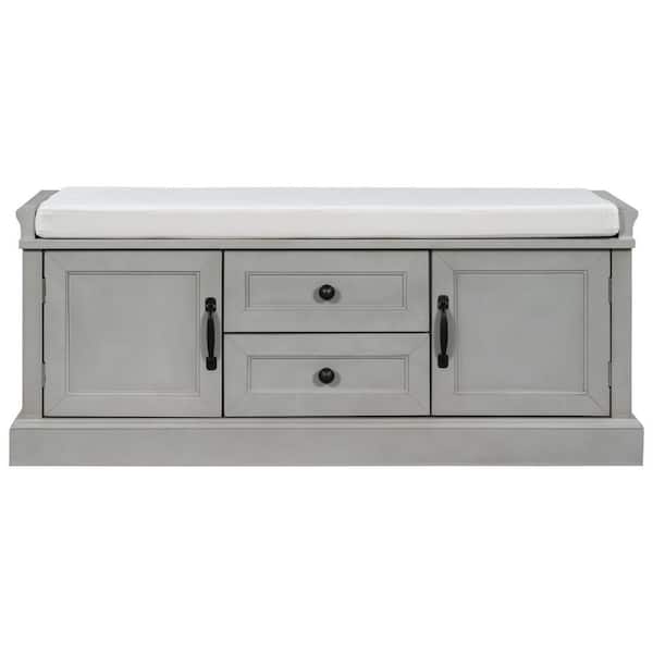 Gray Wash Pine wood frame and legs MDF panels Shoe Storage Bench with Removable Cushion 2-Drawers and 2-Cabinets