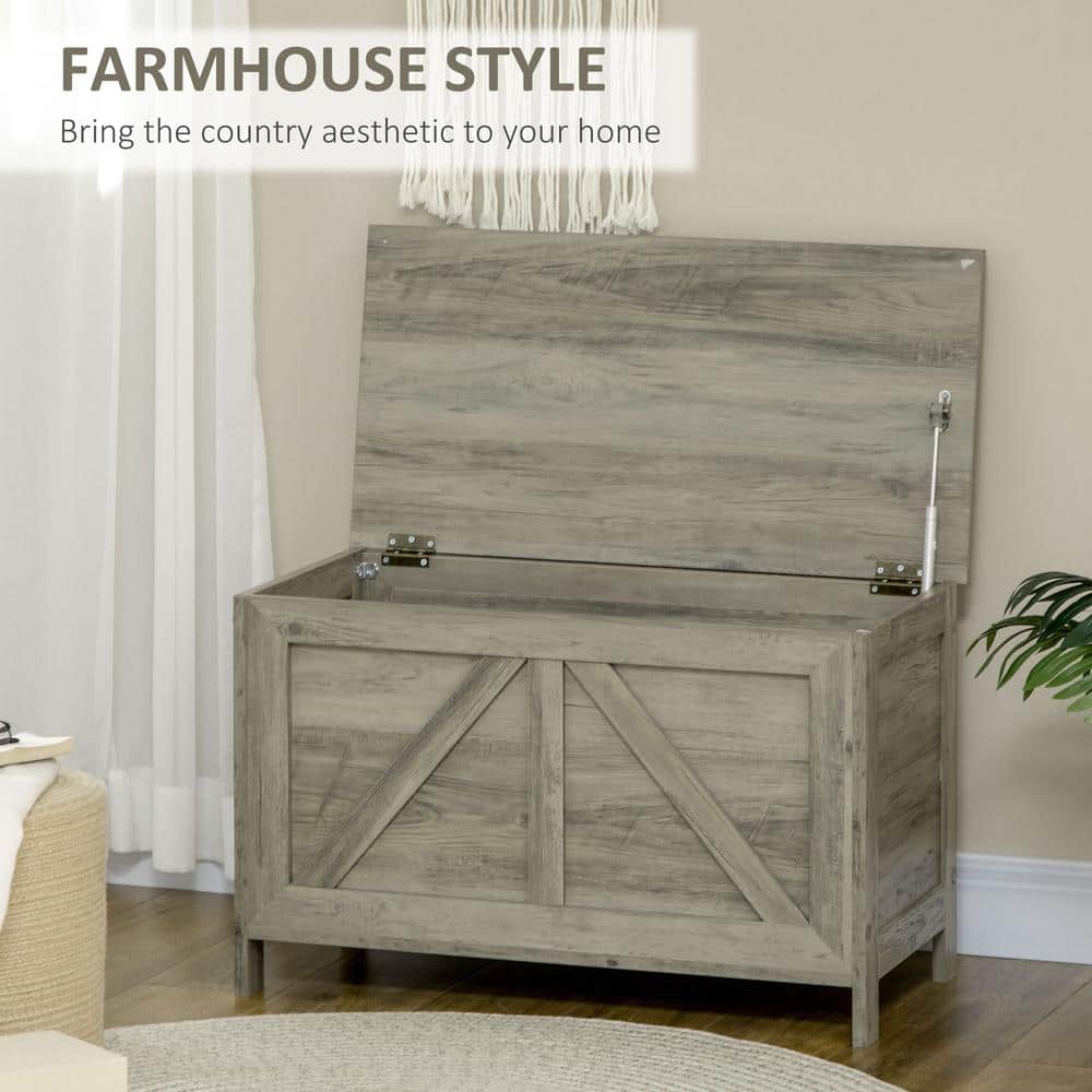Gray Farmhouse Wooden Storage Chest with Lift Top and Safety Hinge