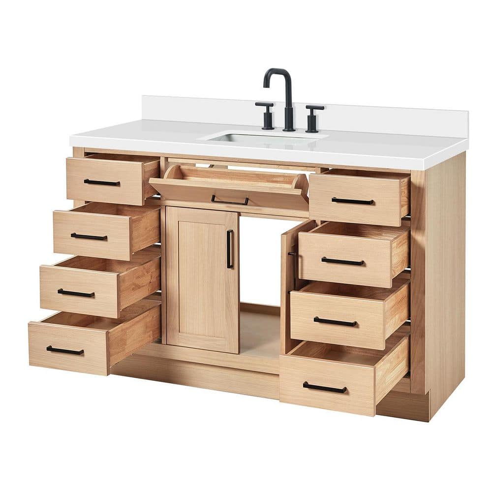 Hepburn 55" Oak Freestanding Single Sink Vanity with Quartz Top