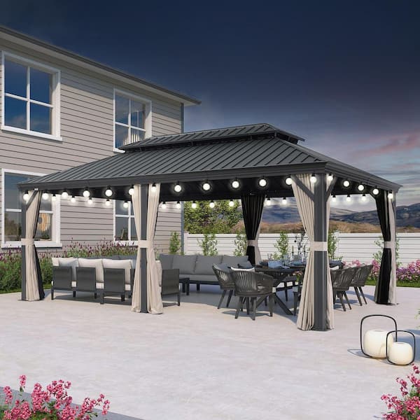 12 ft. x 20 ft. Gray Patio Outdoor Gazebo for Backyard Hardtop Aluminum Frame with Hooks,Upgrade Beige Curtain 36-Lights