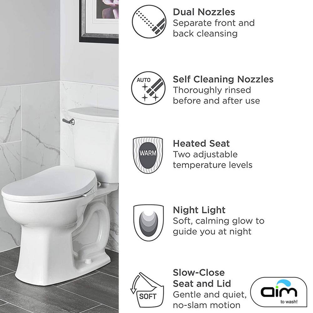 White Elongated Heated Smart Toilet Seat with Bidet and Night Light