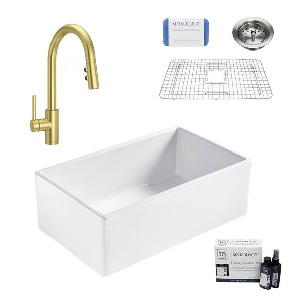 SINKOLOGY Bradstreet II All-in-One Satin Gold Fireclay 30 in. Single Bowl Farmhouse Kitchen Sink with Pfister Stellen Faucet