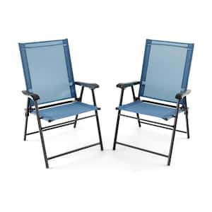 Folding Portable Metal Outdoor Dining Chair in Blue (Set of 2)