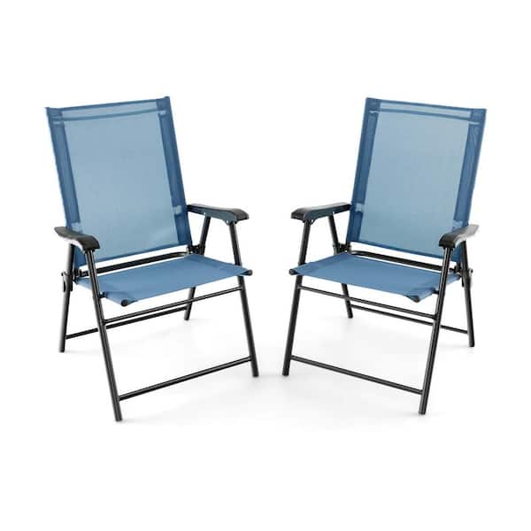 ANGELES HOME Folding Portable Metal Outdoor Dining Chair in Blue (Set of 2)