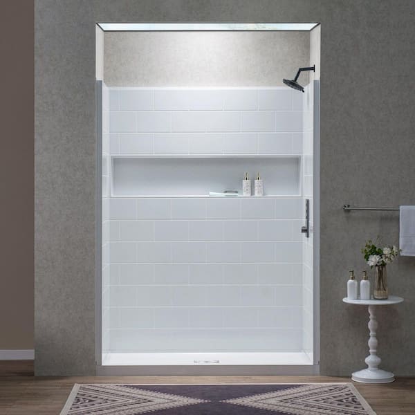 60 in. L x 32 in. W x 77.5 H Alcove Shower Kit-Shower Wall and Shower Pan with Center Drain in White/Brushed Nickel
