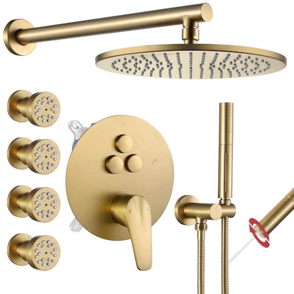 Vanfoxle Single Handle 1-Spray 3 Spray Patterns Shower Faucet 1.8 GPM with Pressure Balance, 10 in. Shower Head Brushed Gold