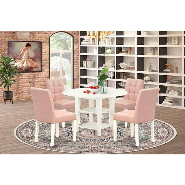 East West Furniture 5-Piece Linen White Finish Solid Wood Top - Round Dining Room Set with Dropleaf - Seats 4