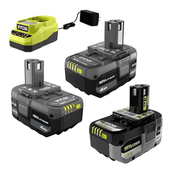 Ryobi One+ 18V Lithium-Ion 4.0 Ah Compact Battery (2-Pack) and Charger Kit with Free One+ 4.0 Ah High Performance Battery