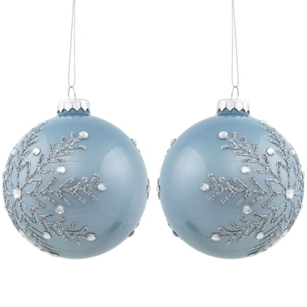 Set of 2 Shiny Stone Blue Glitter Snowflakes Glass Christmas Ball Ornaments 4 in.