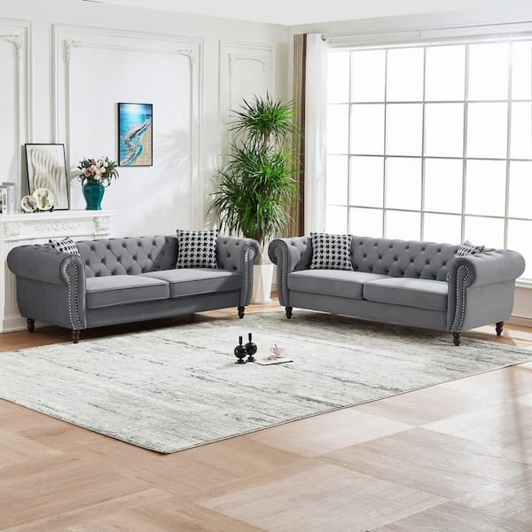 Egil 2-Piece 87 in. Rolled Arm Fabric Rectangle 3+3 Seater Sofa in. Grey with Nailhead Trim, Pillows