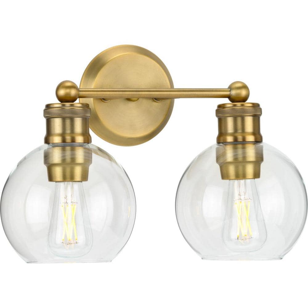 Hansford Vintage Brass 2-Light Bath Vanity with Clear Glass Shades