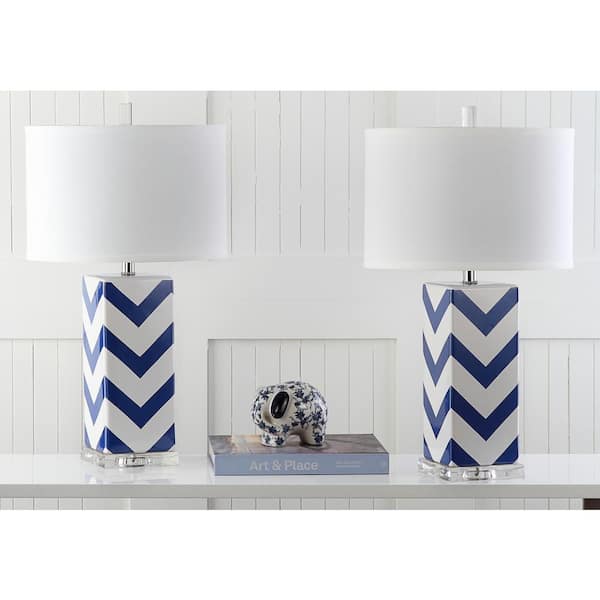 Chevron 27 in. Navy Stripe Table Lamp with White Shade (Set of 2)