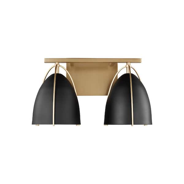 Generation Lighting Norman 15 in. 2-Light Satin Brass Vanity Light with Midnight Black Steel Shades