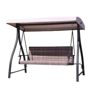 3-Seat Metal Patio Swing with Plastic Rattan Wicker Cushions and Brown Adjustable Canopy