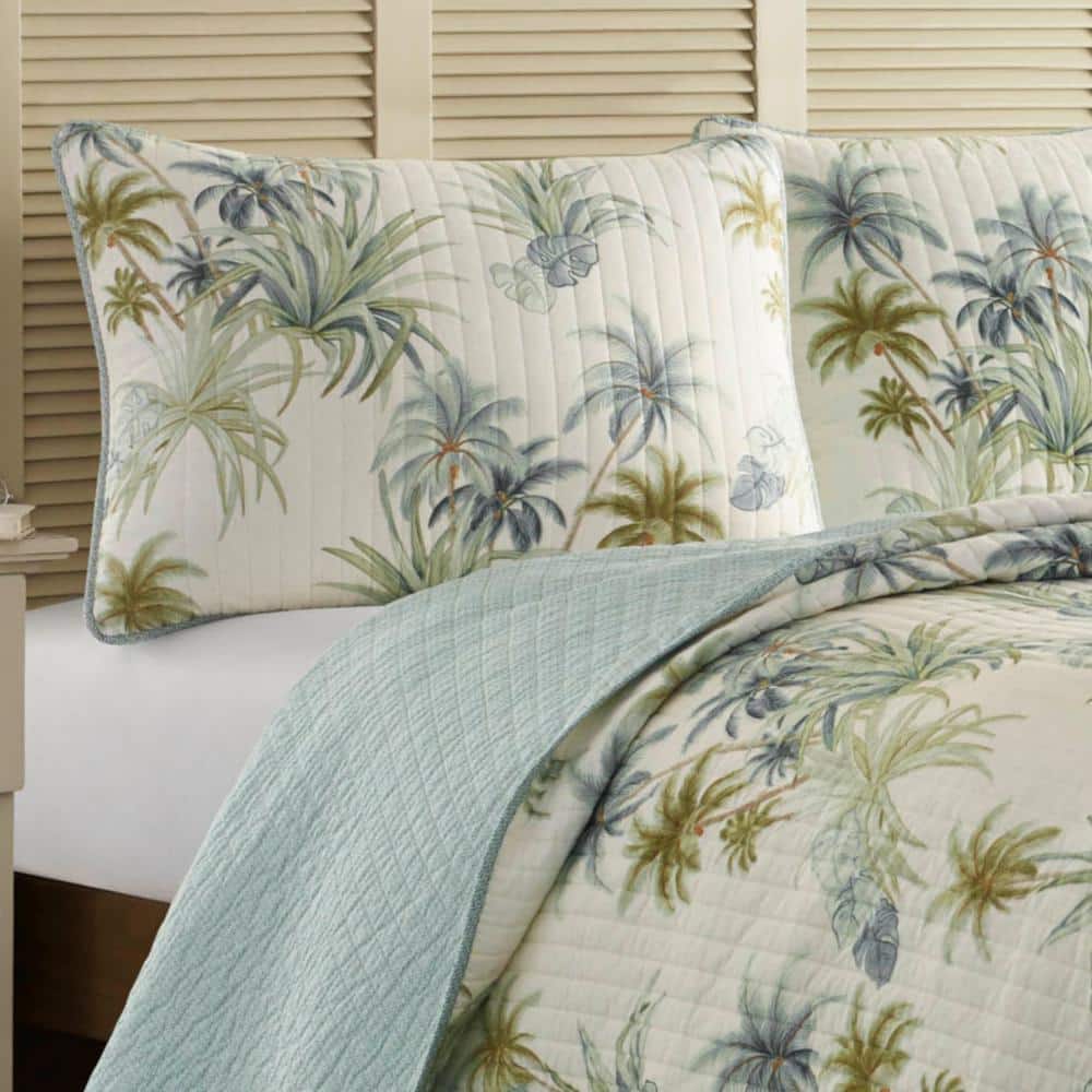 Standard Aqua Embroidered Cotton Sham Set with Tropical Design