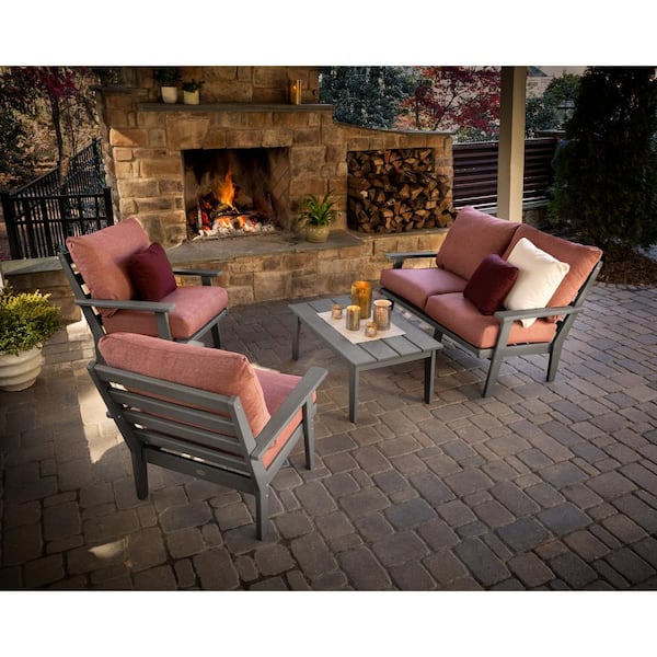 POLYWOOD Grant Park Slate Grey 4-Piece Plastic Patio Conversation Deep Seating Set with Silver Garnet Cushions