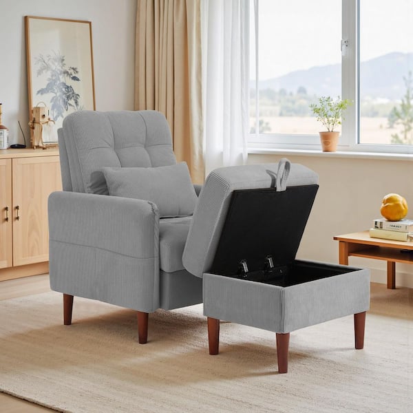 Uixe Gray Corduroy Fabric Upholstered Accent Arm Chair with Storage Ottoman and Adjustable Backrest (Set-1)
