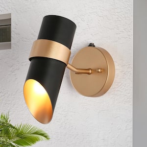 Modern 10 in. Black Dusk to Dawn Outdoor Hardwired Wall Lantern Sconce with Gold Accent and No Bulbs Included