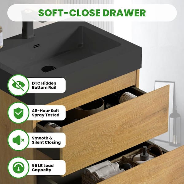 NOBLE 30 in. W x 18 in. D x 25 in. H Single Sink Freestanding Bath Vanity in Oak with Black Solid Surface Integral Top