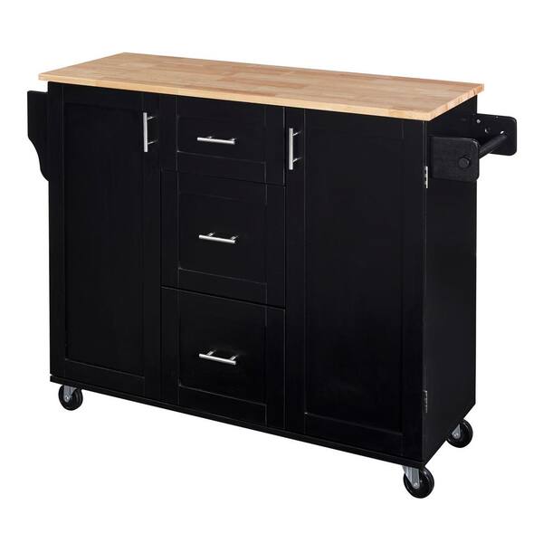 Cesicia Black Solid Wood Top 52 in. Kitchen Island Cart Internal ...