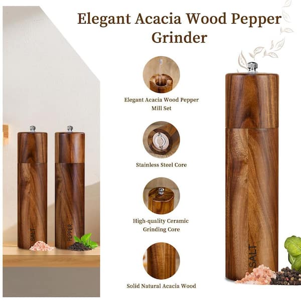 Acacia Wood Salt & Pepper Grinder Set With Tray - Ceramic Grinder, Adjustable Coarseness, Stainless Steel Lids