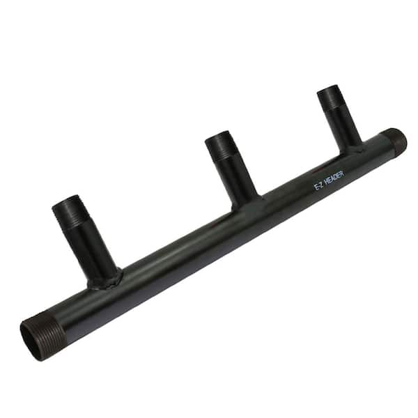 Black Steel Manifold for Boiler Room Heating, 1-1/4 in. Base 3-Ports of 1 in. 6 in. Spacing