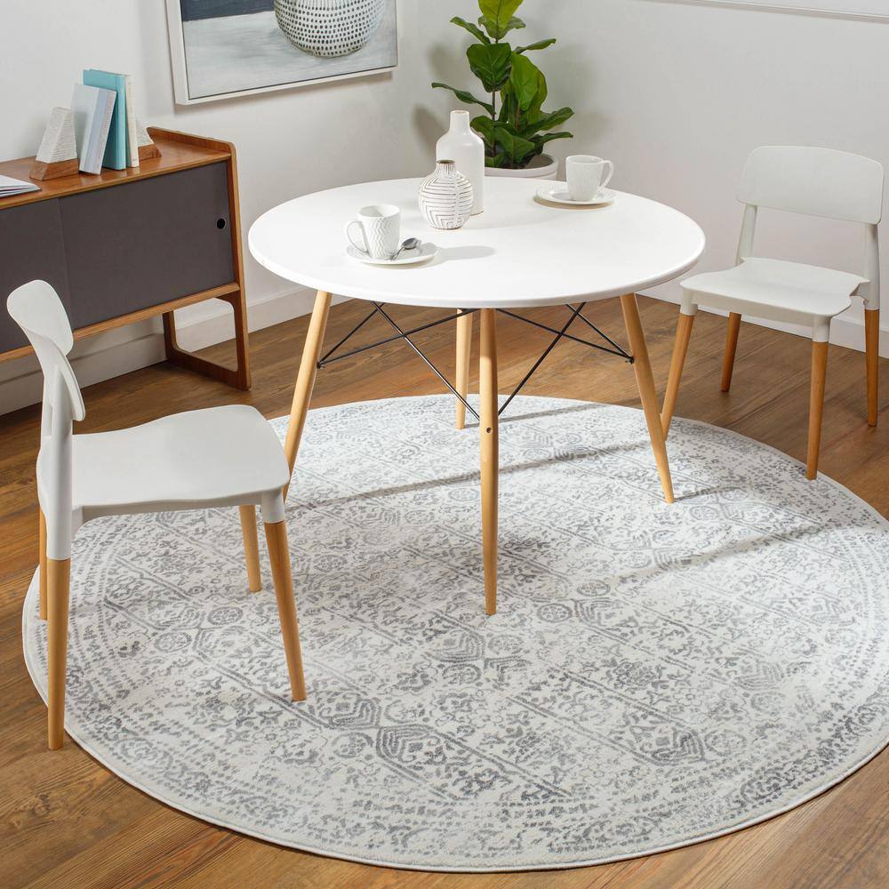 Livabliss Cream and Grey Round Oriental Synthetic Area Rug