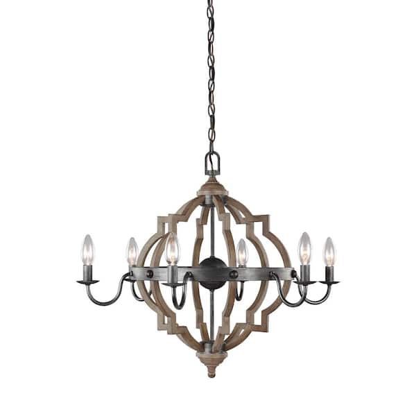 Generation Lighting Socorro 6-Light Weathered Gray and Distressed Oak Rustic Farmhouse Hanging Candlestick Chandelier