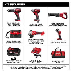 M18 18V Lithium-Ion Cordless Combo Kit with Two 3.0Ah Batteries (4-Tool) with 2 Gal. Wet/Dry Vac & Grinder