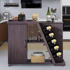 Espresso Wood Kitchen Cart on Wheels with Adjustable Shelf and 5 Wine Holders