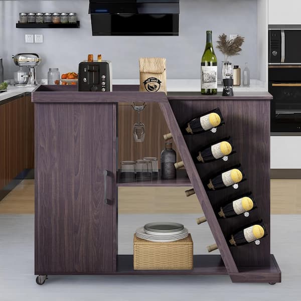 Zeus & Ruta Espresso Wood Kitchen Cart on Wheels with Adjustable Shelf