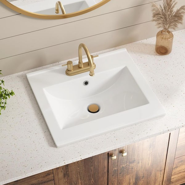 Drop In Bathroom Sink 20 x 18 in. White Ceramic with 4-in Centerset Faucet Holes & Single Overflow from Premium Ceramic
