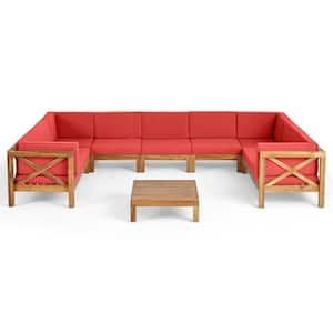 Brava Teak Brown 6-Piece Acacia Wood Outdoor Patio Conversation Sectional Seating Set with Red Cushions