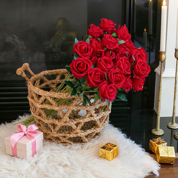 20.1 in. Romance Series Red Indoor Artificial Roses in Clear Glass