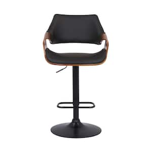 Black Faux Leather and Walnut Wood and Black Swivel Adjustable Bar Stool