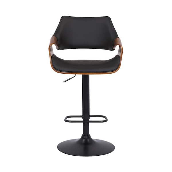 HomeRoots Black Faux Leather and Walnut Wood and Black Swivel Adjustable Bar Stool
