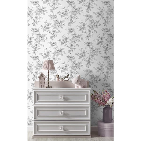Grey Sketched Floral Vinyl Peel and Stick Wallpaper Roll (Covers 40.5 sq. ft.)