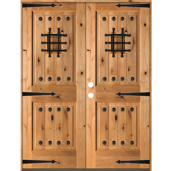 Krosswood Doors 60 in. x 80 in. Mediterranean Knotty Alder Square Top Clear Right-Hand Inswing Wood Double Prehung Front Door
